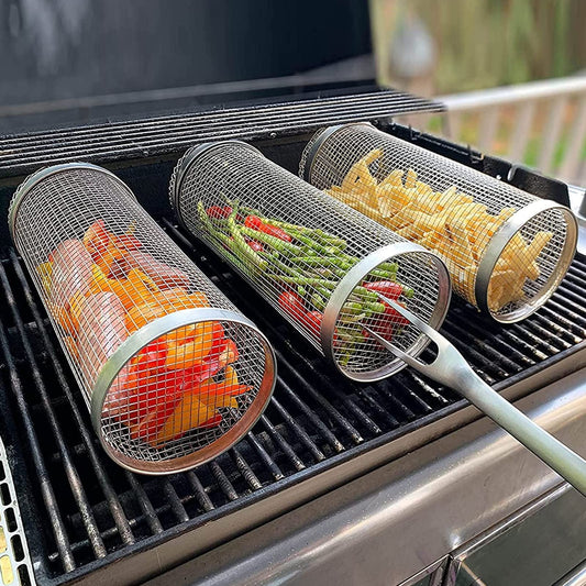 Rolling Grilling Basket Metal BBQ Barbecue Basket Net Portable Outdoor Camping Barbecue Rack Kitchen Gadgets - Quirky Cozy